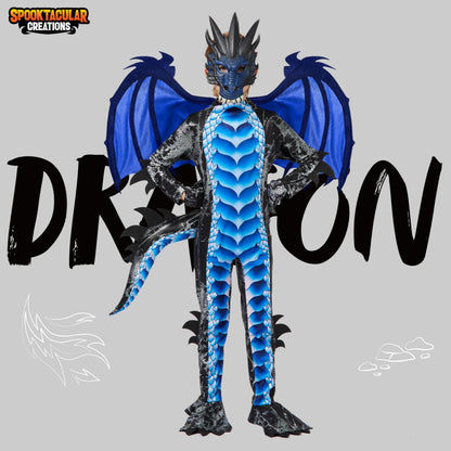Spooktacular Creations Halloween Kids Boys Black and Blue Dragon costume, Dragon Wings and Mask for Halloween Parties, Cosplay-S(5-7yr)