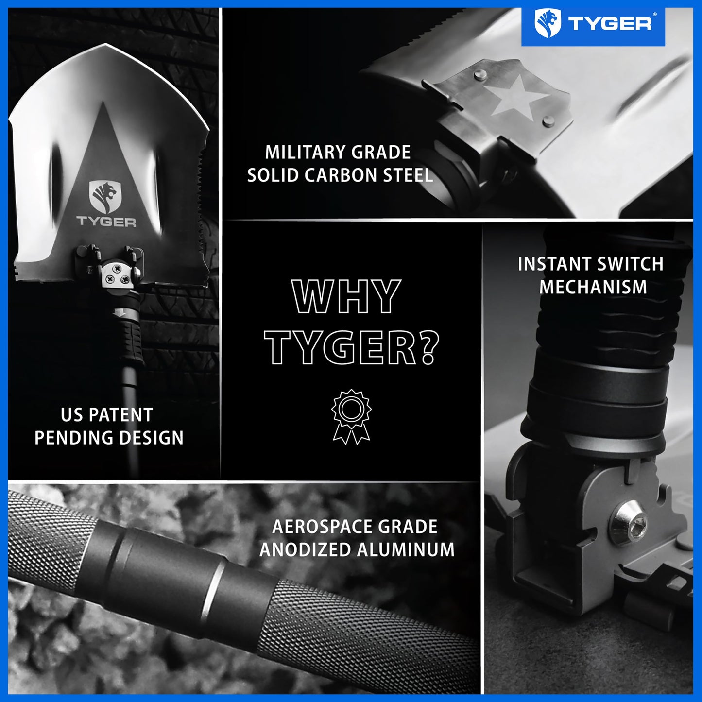 Tyger Auto Folding Shovel TG-SV8U3217 Military Heavy Duty Survival Shovel 16-in-1 Multitool Compact Camp Shovel with Bag for Camping, Hiking, Off-Roading, Outdoor, Tactical, Emergency