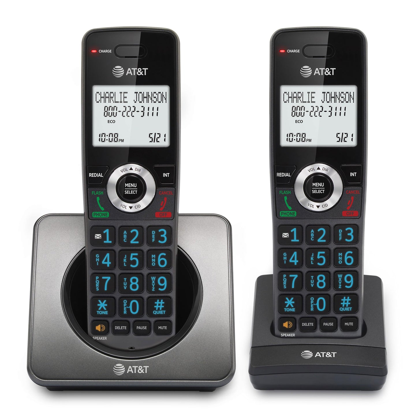 AT&T GL2101-2 DECT 6.0 2-Handset Cordless Home Phone with Call Block, Caller ID, Full-Duplex Handset Speakerphone, 2" White Backlit Display, Lighted Keypad (Graphite & Black)