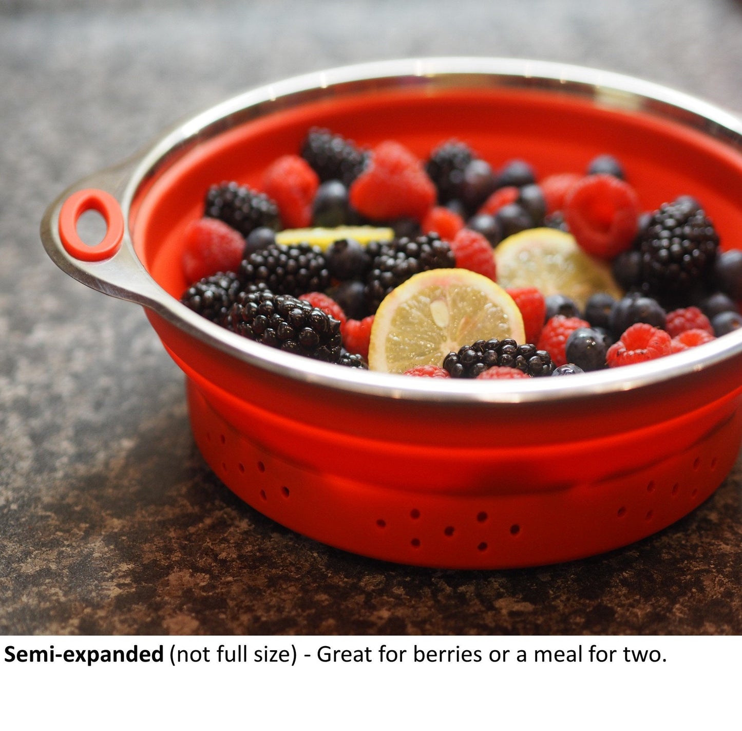 Collapsible Colander and Funnel - Stainless Steel Meets Red Silicone. RV Accessories for Inside, Camper Organization and Storage Idea, Motorhome, Camp or Travel Trailer, 5th Wheel, Boat, Small Kitchen