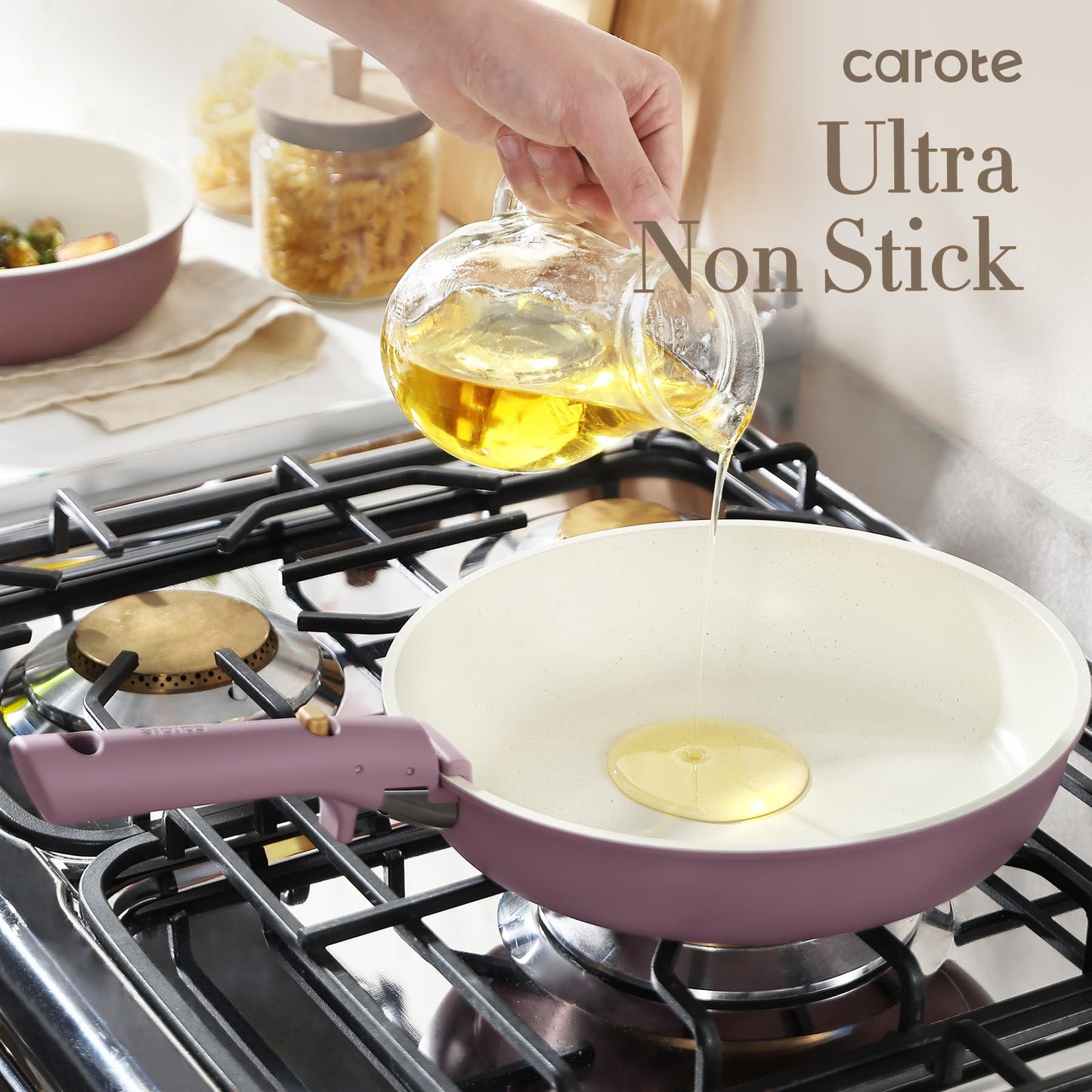 CAROTE 5pcs Pots and Pans Set, Nonstick Cookware Set Detachable Handle, Induction Kitchen Cookware Sets Non Stick with Removable Handle, RV Cookware Set, Gold and Purple