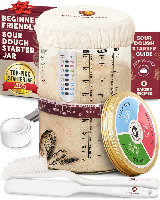 Superbaking Sourdough Starter Jar, Beginner Sourdough Starter Kit, 34oz Wide Mouth Sour Dough Glass Jar with Guides & Recipes, Sourdough Bread Baking Supplies, Sourdough Container Crock