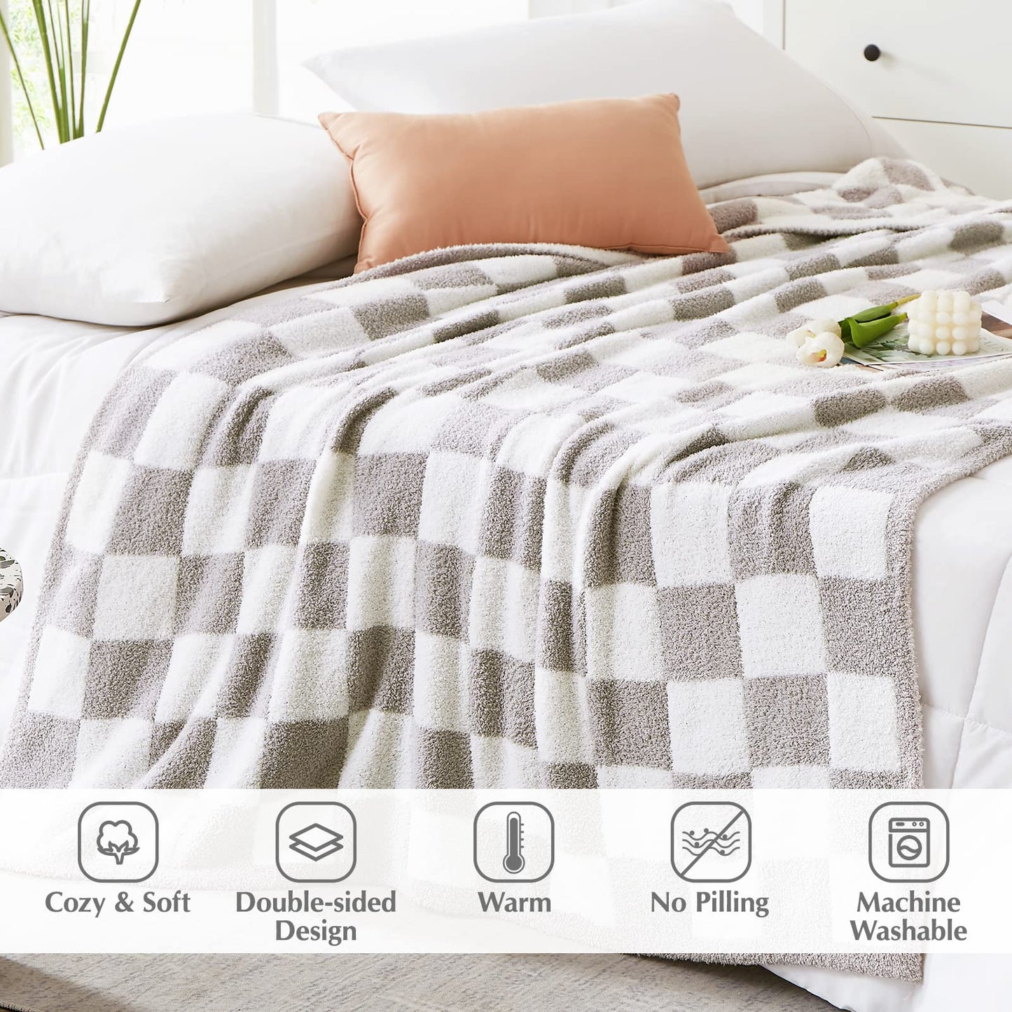 WRENSONGE Checkered Throw Blanket, Light Grey Soft Cozy Fluffy Warm Hand Made Throw Blankets for Couch, Sofa, Chair, Bed, Camping, Picnic, Travel Lightweight Bed Blanket - 50"*70"