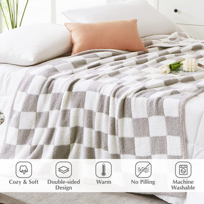 WRENSONGE Checkered Throw Blanket, Light Grey Soft Cozy Fluffy Warm Hand Made Throw Blankets for Couch, Sofa, Chair, Bed, Camping, Picnic, Travel Lightweight Bed Blanket - 50"*70"