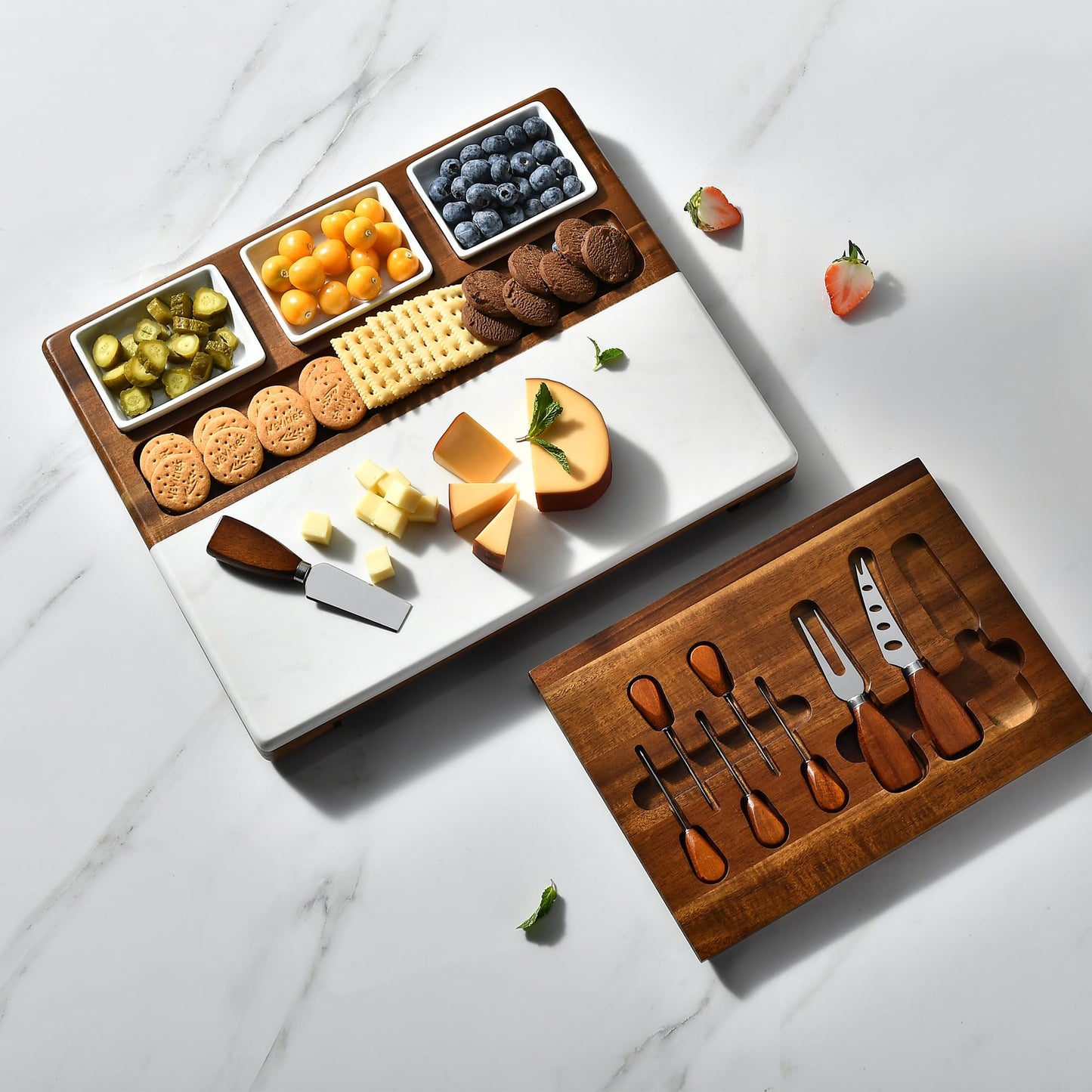 Shanik Wood - Marble Cheese Board Set with 3 Ceramic Bowls - Stainless Steel Cutlery Set, Charcuterie Board Set & Gift for Any Occasion (Without Engraving)