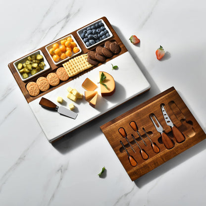Shanik Wood - Marble Cheese Board Set with 3 Ceramic Bowls - Stainless Steel Cutlery Set, Charcuterie Board Set & Gift for Any Occasion (Without Engraving)