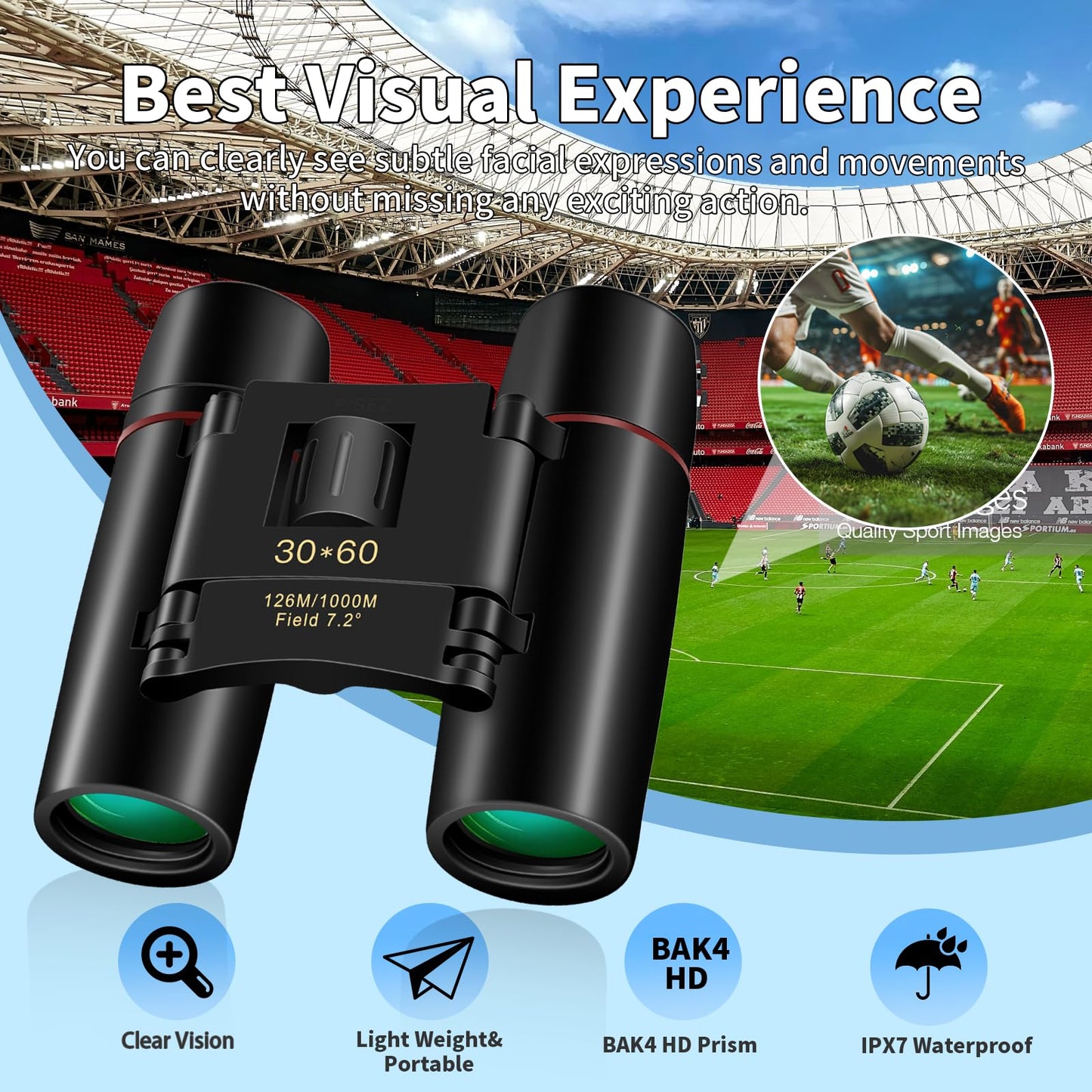 ZIYOUHU Compact 30x60 Binoculars for Adults,Suitable for Adults and Children Bird Watching Travel Sightseeing, Waterproof Lightweight Small Binoculars, with Clear Low-Light Vision