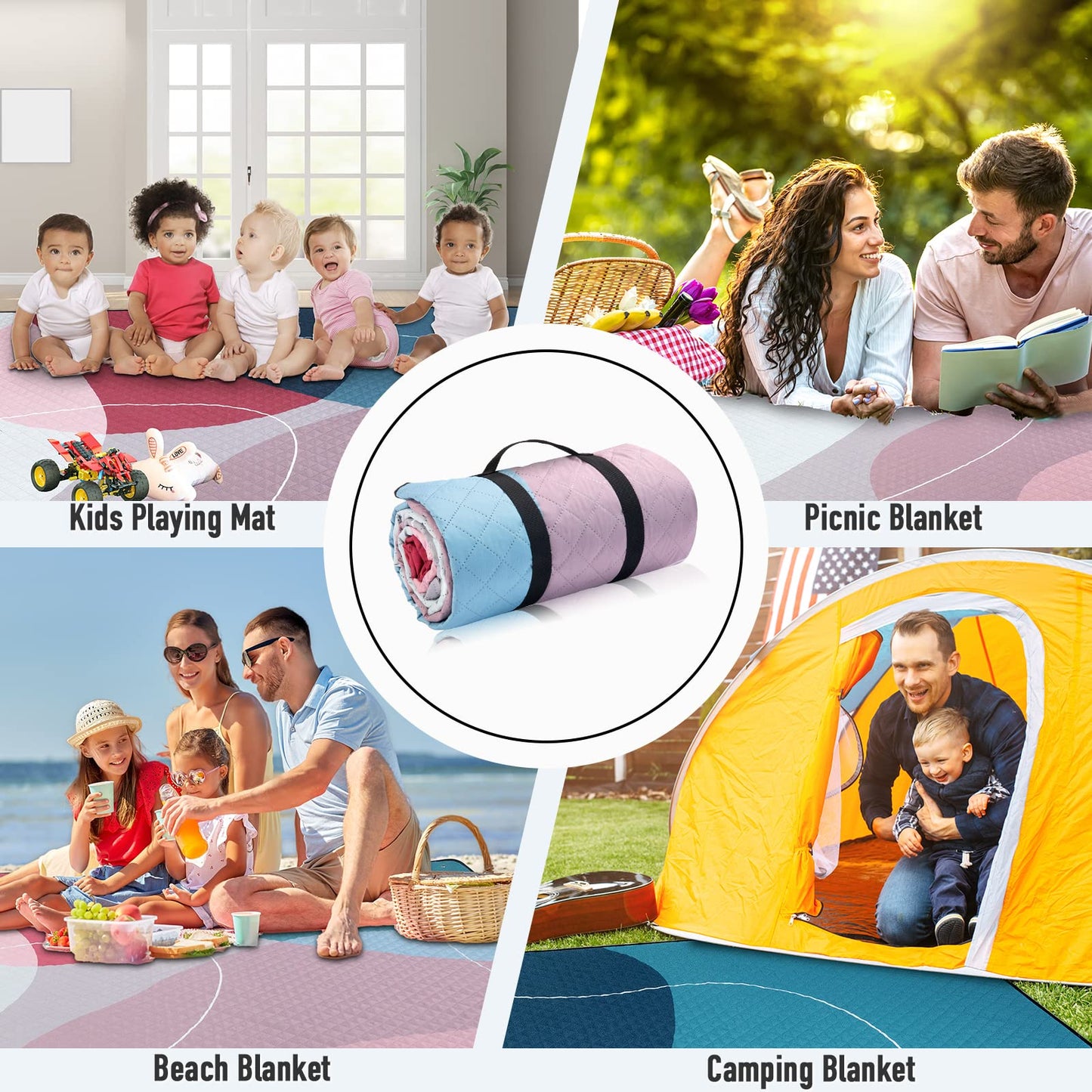 PY SUPER MODE Picnic Blankets Extra Large, Waterproof Foldable Outdoor Beach Blanket Oversized 83x79” Sandproof, 3-Layer Picnic Mat for Camping, Hiking, Travel, Park, Concerts(Abstract Pink)