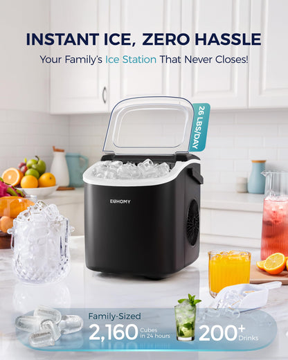 EUHOMY Countertop Ice Maker Machine with Handle, 26lbs in 24Hrs, 9 Ice Cubes Ready in 6 Mins, Auto-Cleaning Portable Ice Maker with Basket and Scoop, for Home/Kitchen/Camping/RV. (Black)