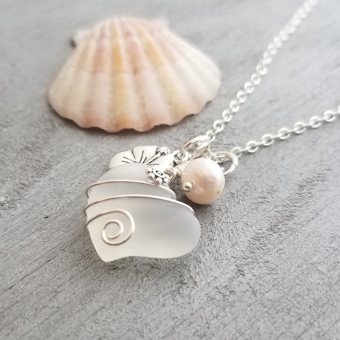 Yinahawaii Handmade Sea Glass Necklace, Wire Heart Necklace, Charm and Pearl Necklace, Sea Glass Jewelry Birthday Gift For Women (Moonstone - June)