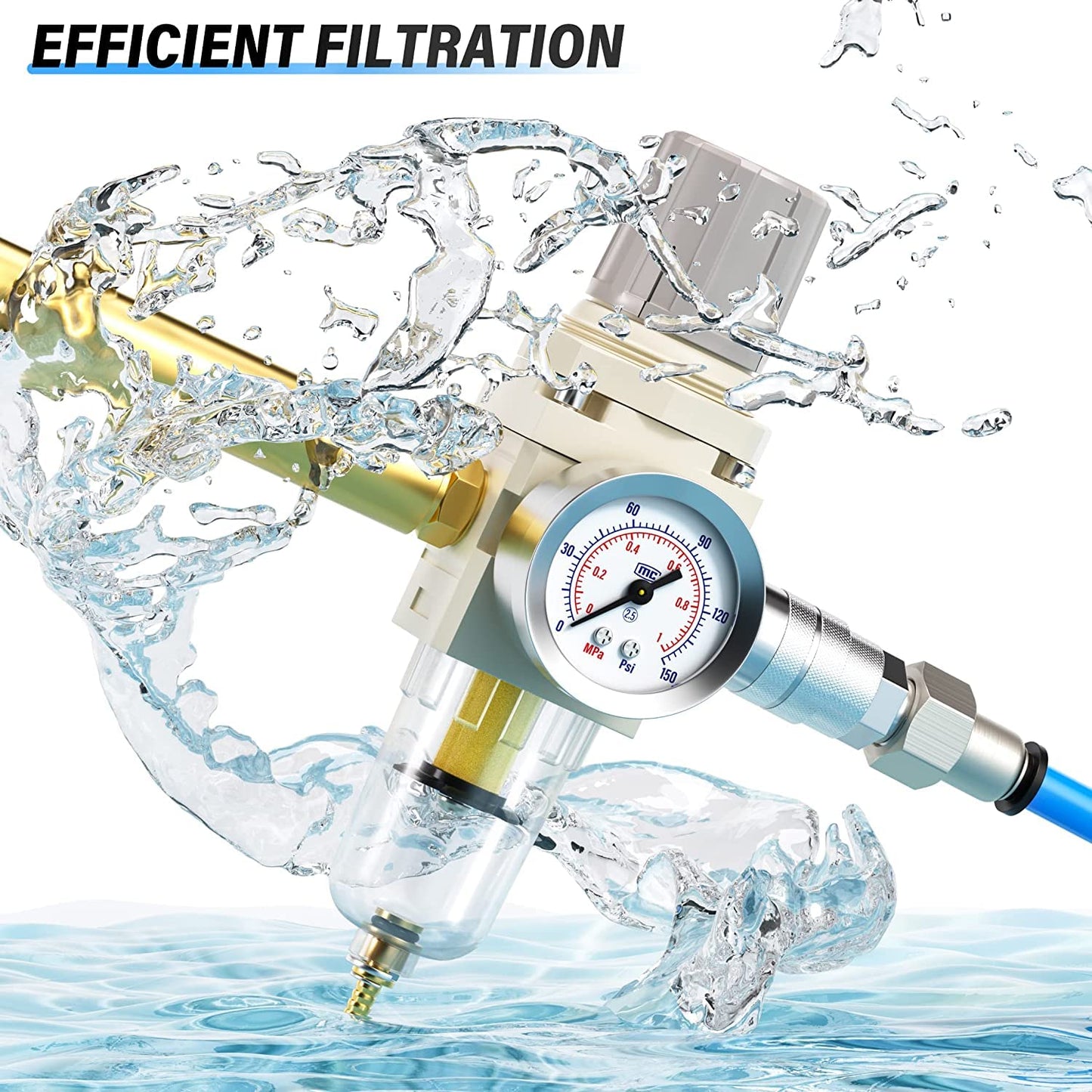 TAILONZ PNEUMATIC 1/4 Inch NPT Air Filter Pressure Regulator Combo Piggyback, 5 Micron Brass Element Air Tool Compressor Filter with Gauge AW2000-02,with Red Handle Ball Valve