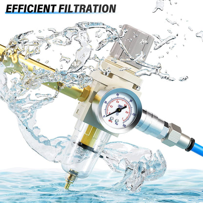 TAILONZ PNEUMATIC 1/4 Inch NPT Air Filter Pressure Regulator Combo Piggyback, 5 Micron Brass Element Air Tool Compressor Filter with Gauge AW2000-02,with Red Handle Ball Valve