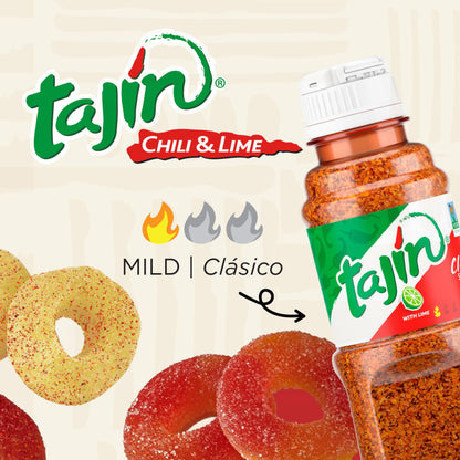 Snak Club Tajin Gummy Candy Fruit Rings, Gummies with Chili and Lime Seasoning, Mild Spice, Gluten-Free and Vegan Snacks, Assorted Variety, Mango, Pineapple, Peach, Watermelon, Snack Size 12 Pack