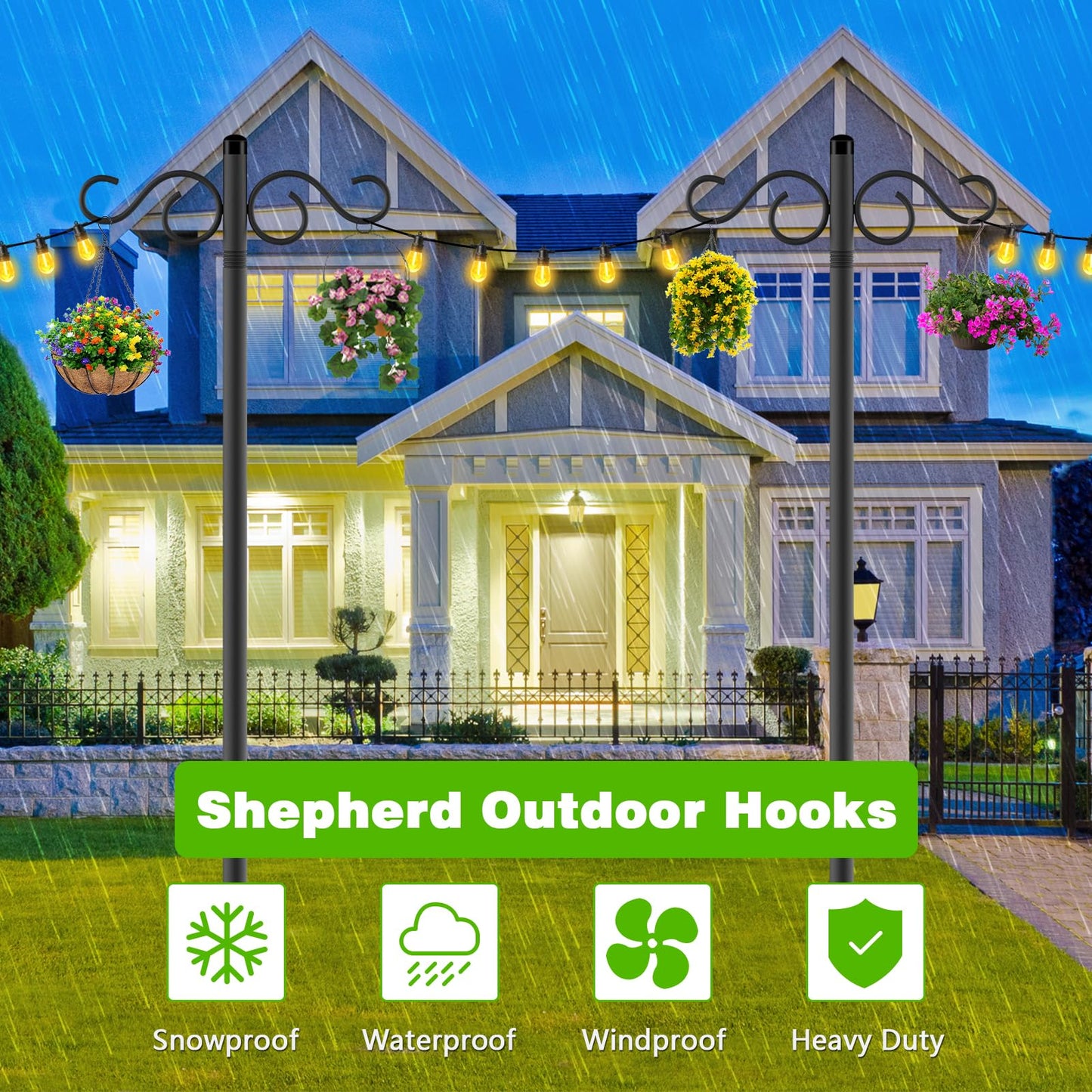 RCUICA Double Shepherds Hooks for Outdoor,2 Pack 90 Inch Bird Feeder Pole with 5 Prongs Base,Heavy Duty Shepherds Hook,Suitable for Garden in Hanging Flower Basket,Lantern,Bird Nests (90 Inch)