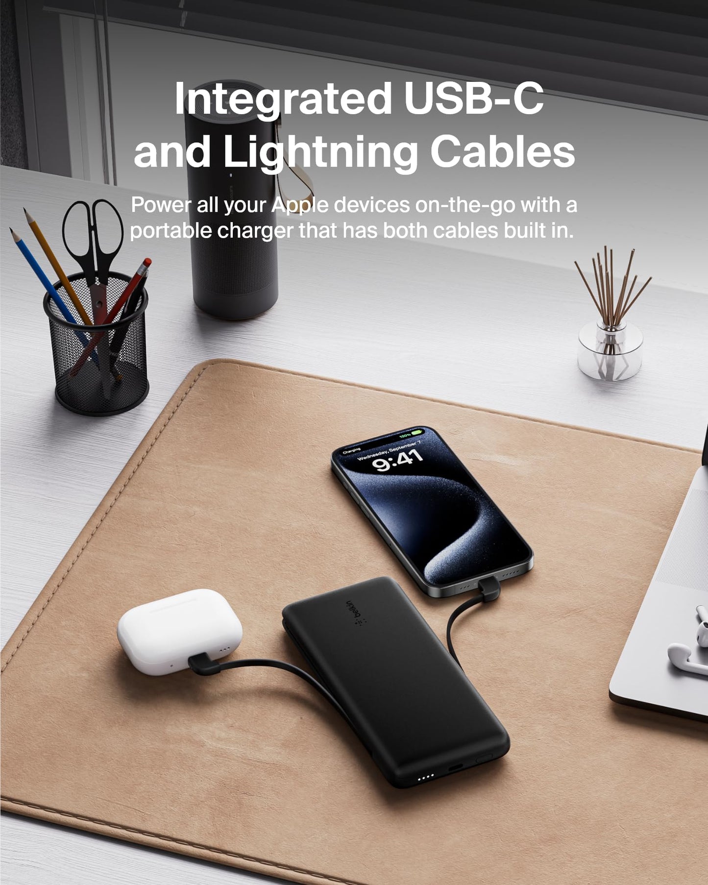 Belkin Portable Charger, Power Bank 10000 mAh, 23W w/Integrated Lightning Cable & USB-C Cable - iPhone Charger Battery Pack for Apple iPhone 16, 15, 14, Galaxy S25, Pixel 9, Travel Essentials - Black