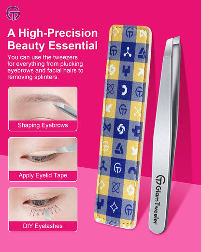 Expert Slant Tip Tweezers with Leather Case, GlamTweeler Sharp & Precision Stainless Steel Tweezer for Eyebrows, Facial Hair and Fine Hairs Removal (Silver)
