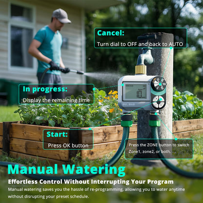 QUOBAS 2 Zone Sprinkler Timer with Brass Inlet & Outlet, Programmable Water Timer for Garden Hose with Rain Delay/Manual Watering/Automatic Irrigation Controller System for Yard, Lawn