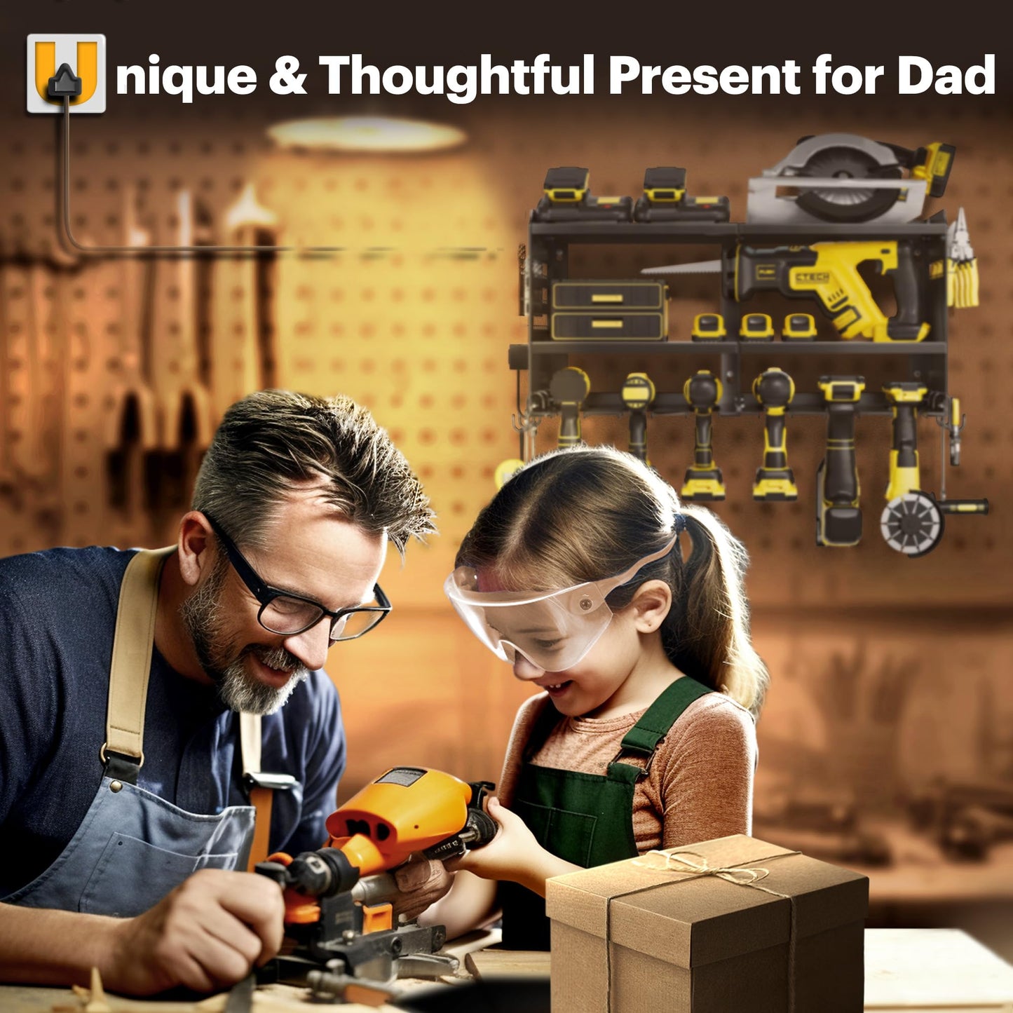 Spampur Power Tool Organizer Wall Mount with Charging Station, 3 Layer Heavy Duty Metal Tool Storage Rack Loads 4200lbs with 6 Cordless Drill Holder, Tool Storage Rack with 4 Outlet Power Strip