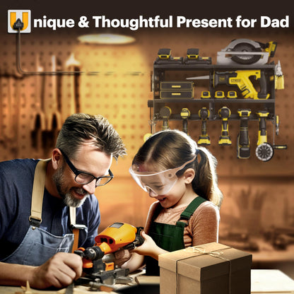 Spampur Power Tool Organizer Wall Mount with Charging Station, 3 Layer Heavy Duty Metal Tool Storage Rack Loads 4200lbs with 6 Cordless Drill Holder, Tool Storage Rack with 4 Outlet Power Strip