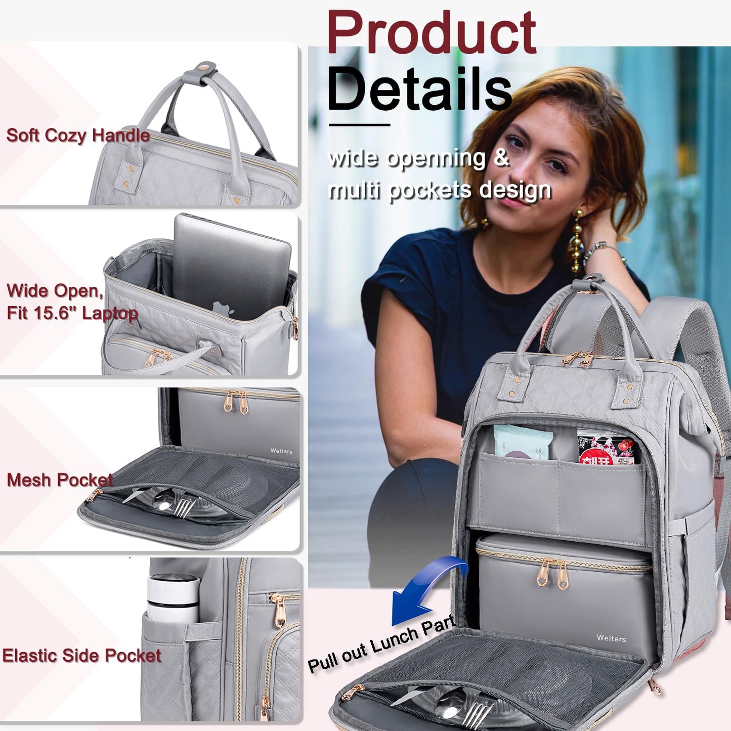Weitars Lunch Backpack For Women,15.6 Inch Laptop Backpacks For Womens Back pack, Travel Backpacks,Work Backpack For Women (Gray)