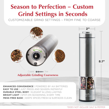 Electric Salt and Pepper Grinder Set - Battery Operated Stainless Steel Mill with Light (2 Mills) - Automatic One Handed Operation - Electronic Adjustable Shakers - Ceramic Grinders
