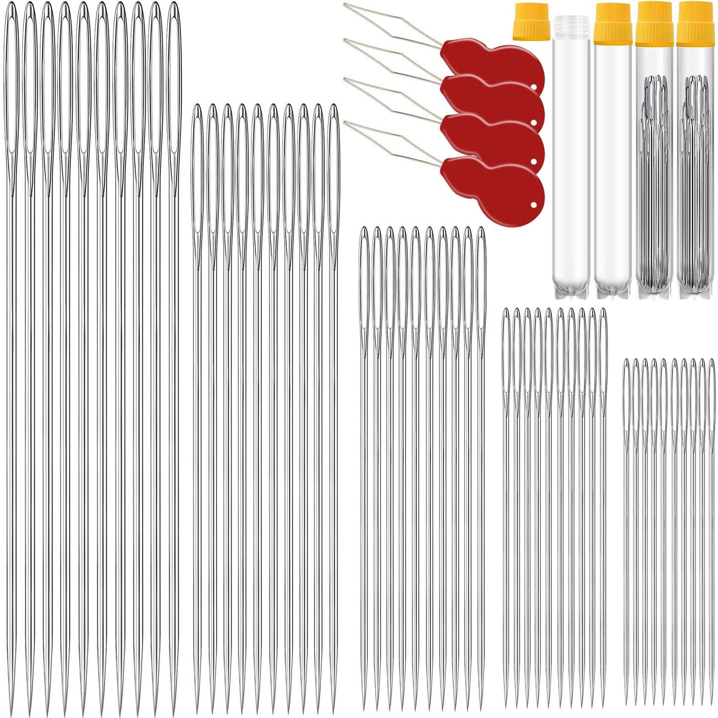 100 Pack Premium Large Eye Needles for Hand Sewing with 4 Needle Threaders, Assorted Sizes, Embroidery Needles for Hand Sewing, Sewing Needles Large Eye, Big Eye Needle