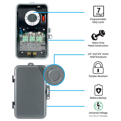 GE 7-Day Digital Pool Timer, 2HP 40A Load Capacity Pump Switch, Outdoor NEMA 3R-Rated Box, Universal Voltage Replacement, Water Heater Control, Tamper Resistant Metal, 46537