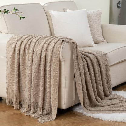 BATTILO HOME Khaki Throw Blankets for Couch, Taupe Lightweight Decorative Blankets and Throws, Boho Warm Knit Blanket for Men and Women, 50"x60"