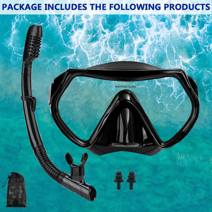 Snorkel mask Snorkeling Set for Adults and Youth, Diving mask and Full Dry Snorkel Swim Googles is Suitable for Snorkeling, Dive Scuba Diving, Swimming (Black)