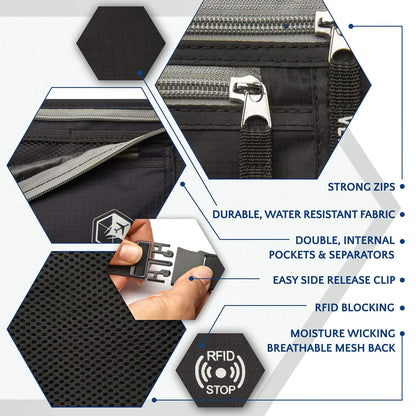 VENTURE 4TH Travel Money Belt - Slim Passport Holder RFID Blocking Travel Pouch to Protect Cash, Credit Cards and Travel Documents (Black)