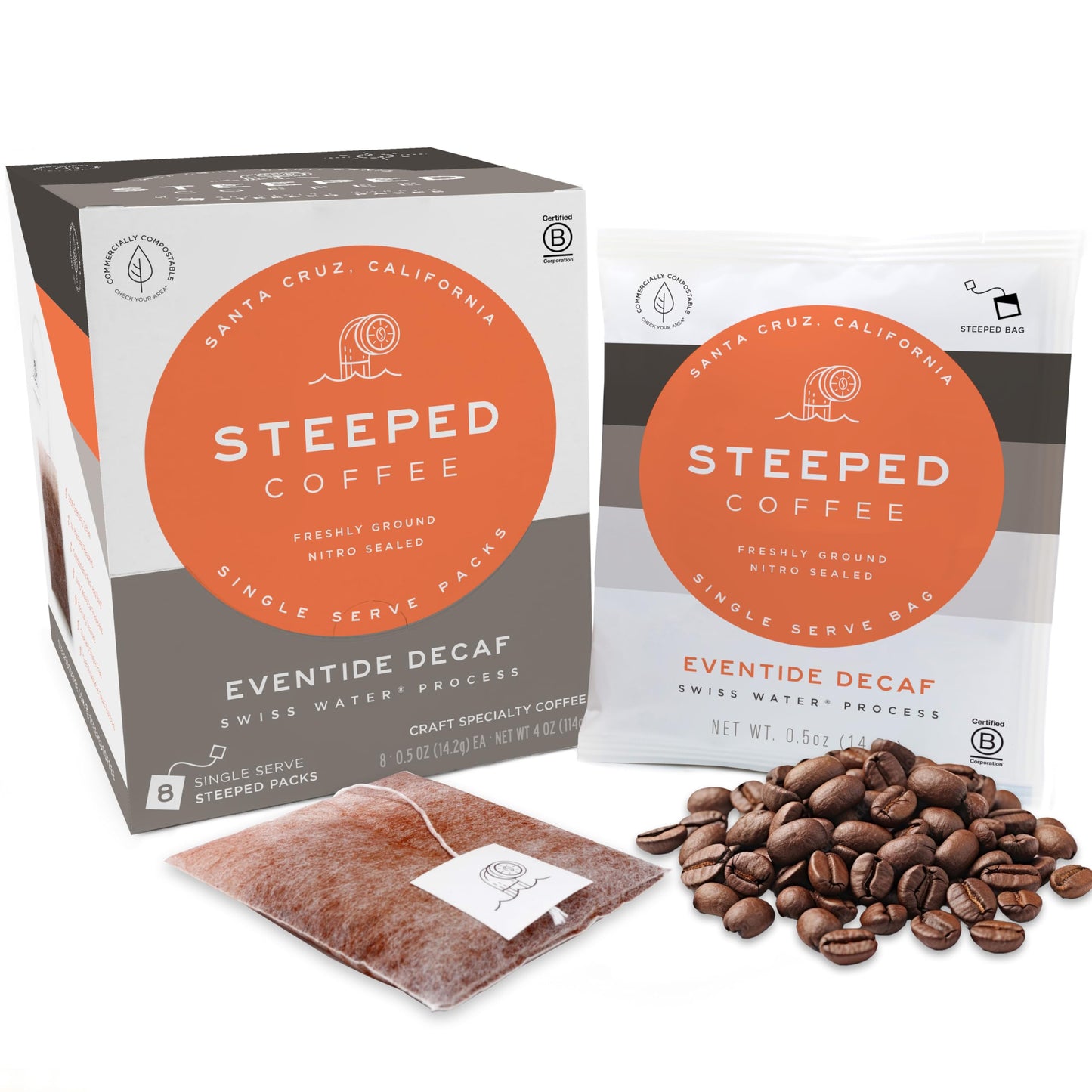 Steeped Coffee Single-Serve Packs - Just + Water - Direct Trade, Hand Roasted & Freshly Ground, Specialty Grade - Nitro Sealed (Eventide Decaf (Swiss Water Process), 8 Count (Pack of 1))