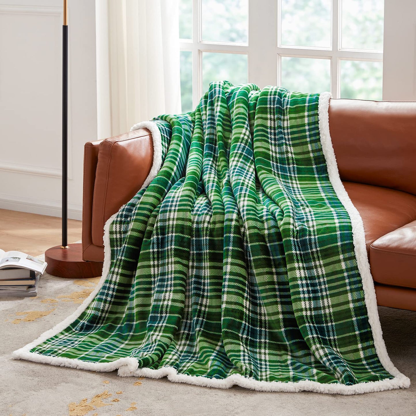 Touchat Sherpa Plaid Throw Blanket(60" X 70", Plaid Green), Fuzzy Fluffy Cozy Soft Blanket, Fleece Flannel Plush Twin Size Microfiber Blanket for Couch Bed Sofa