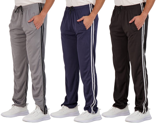Real Essentials 3 Pack: Men's Mesh Athletic Gym Workout Lounge Open Bottom Sweatpants with Pockets (Available in Big & Tall)- Set 5 L
