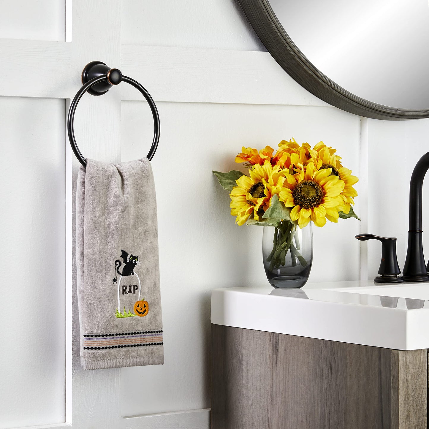 SKL Home Halloween Graveyard Cat Hand Towel Set for Bath/Kitchen/Bar & Gift, 2 Count