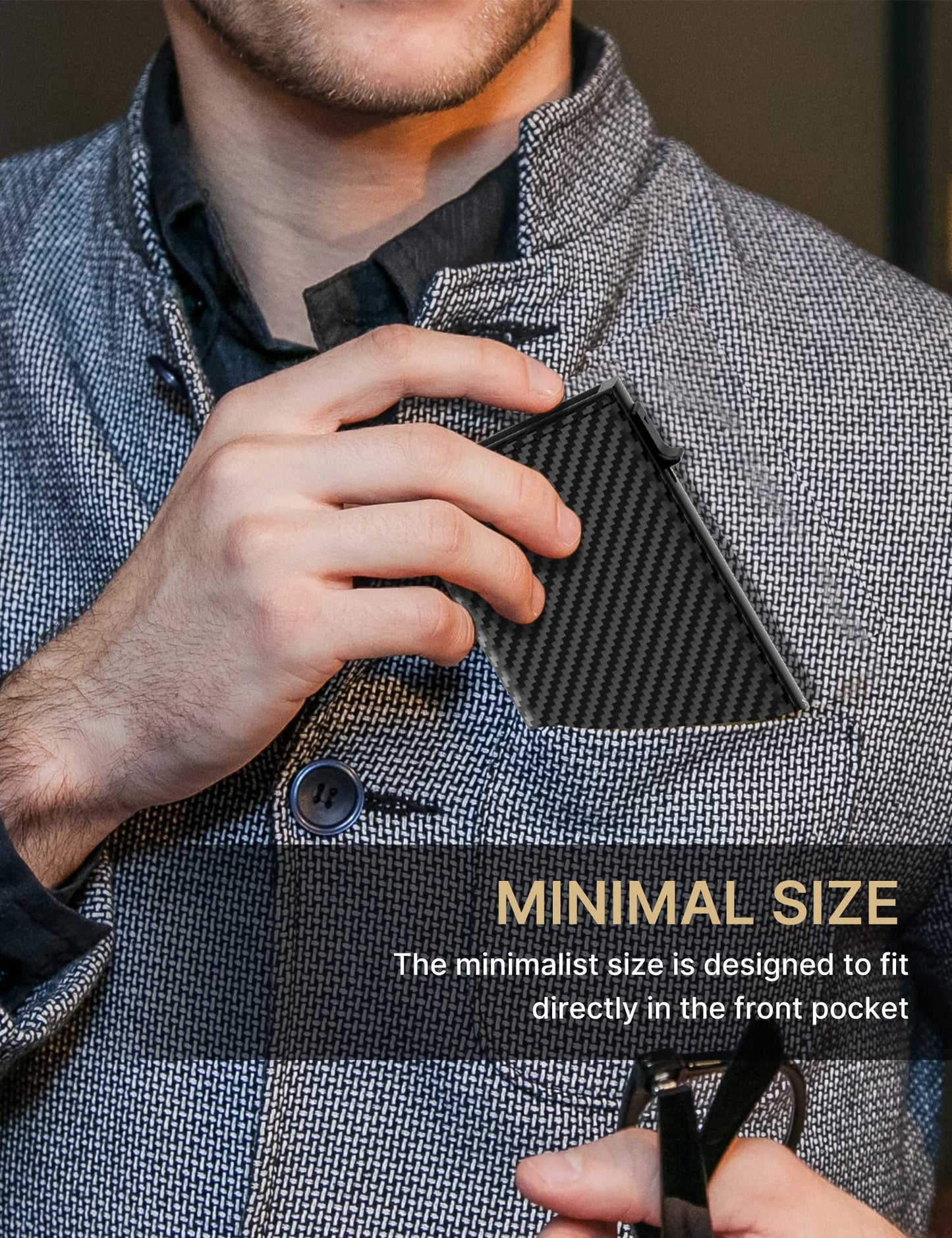 typecase Mens Wallet Card Holder: Pop Up Aluminum Case, Genuine Leather, Smart, RFID Blocking, Slim, Minimalist, Front Pocket - 9-14 Card Capacity | ID Window | Cash Slot (Carbon Fiber)