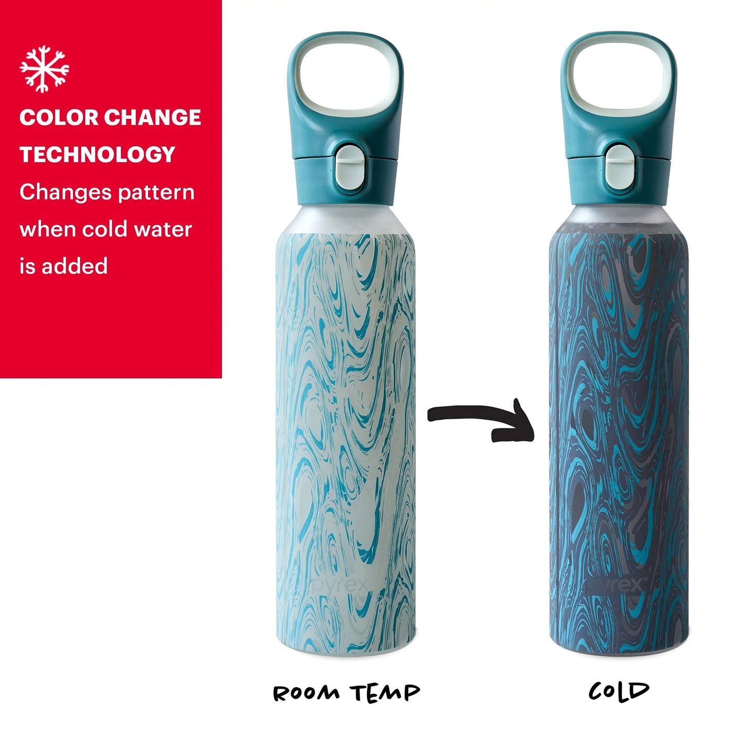 Pyrex 24-Oz Color Changing Glass Water Bottle with Silicone Coating, Leakproof and Textured Glass Reusable Water Bottle with Flip-Top Lid, Eco-Friendly, BPA-Free Silicone Coating, Happy Floral