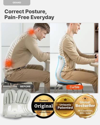 curble Grand(Extra Wide & Sturdy) – Ergonomic Back and Lumbar Support for Good Posture Correction and Back Pain Relief, Perfect for Office, Floor Seat and Work from Home, Patented (Grey)