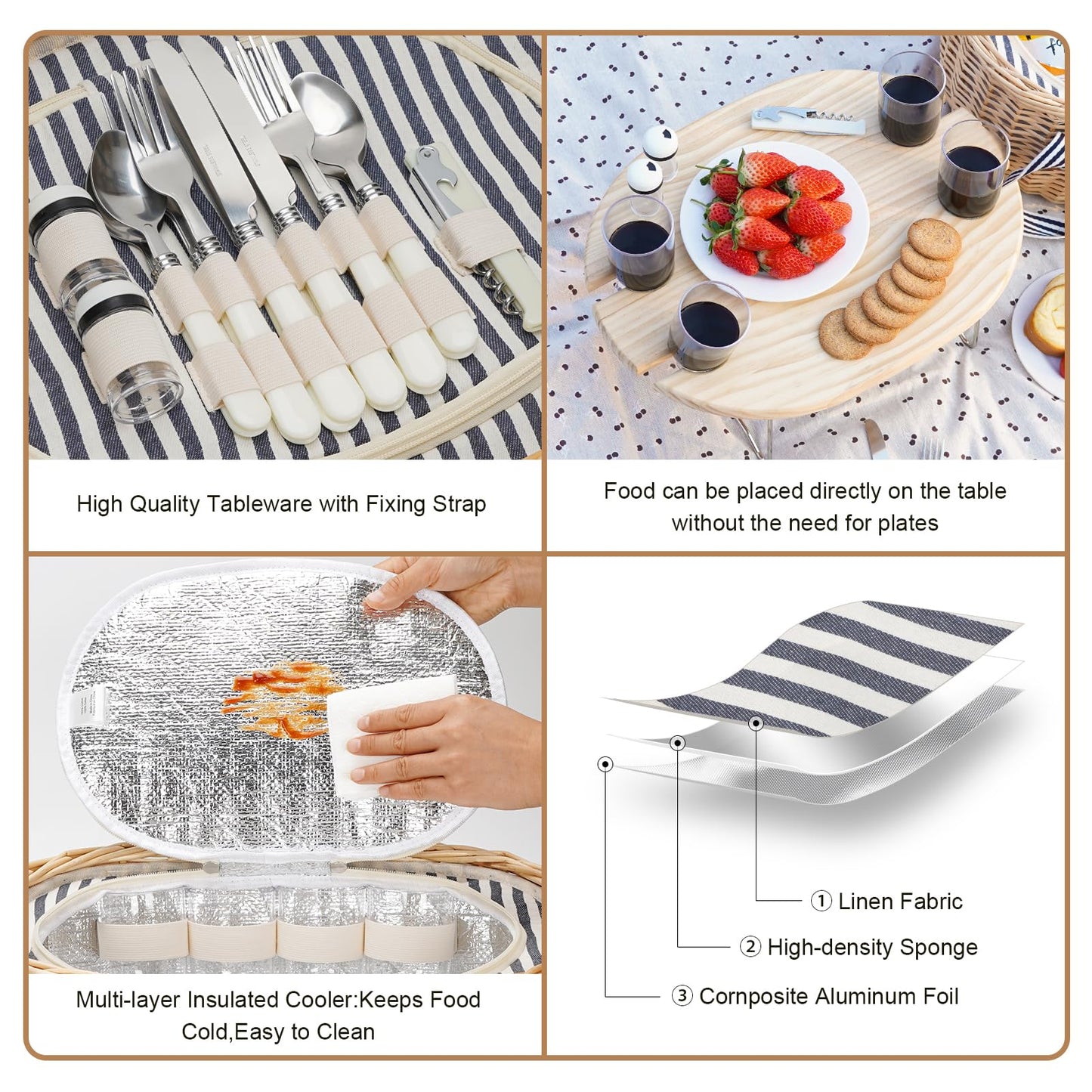 STBoo Picnic Basket for 4, Insulated Wicker Hamper with Folding Table, Willow Picnic Baskets Set with Large Insulated Cooler Bag for Camping Outdoor (Stripe)