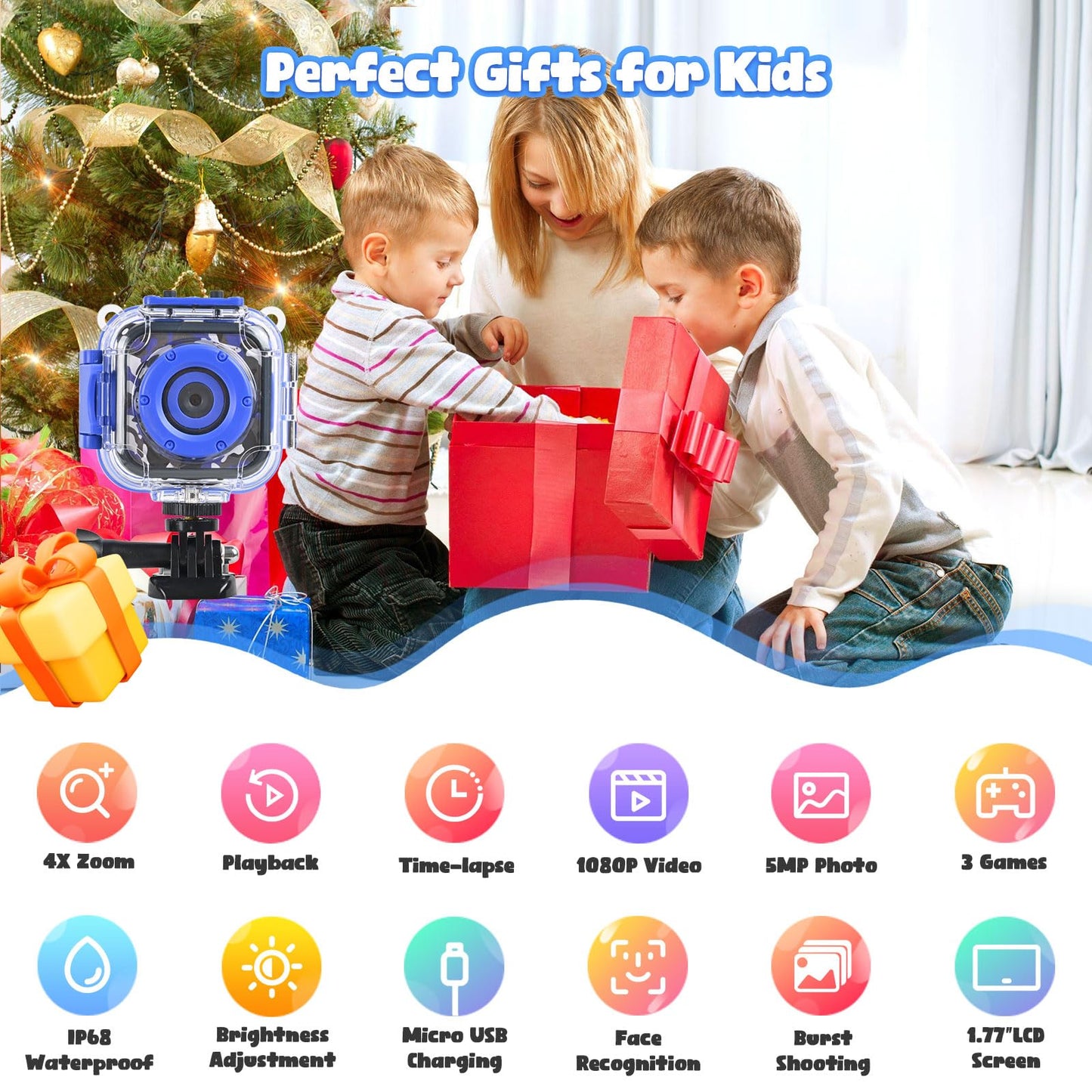 PROGRACE Kids Waterproof Camera for Boy Toys - Gifts for Boy Waterproof Digital Camera Underwater Video Camera for Kids Age 3-14 Year Old Birthday Presents with 32GB Card