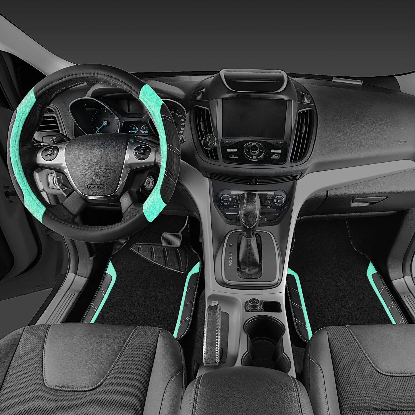 CAR PASS Leather Steering Wheel Cover and Waterproof Car Floor Mats,Microfiber Universal Car Combo Fit for 95% Sedan,SUV,Cars,14.5-15inch Sporty Anti-Slip Safety Comfortable Design(Black&Mint)