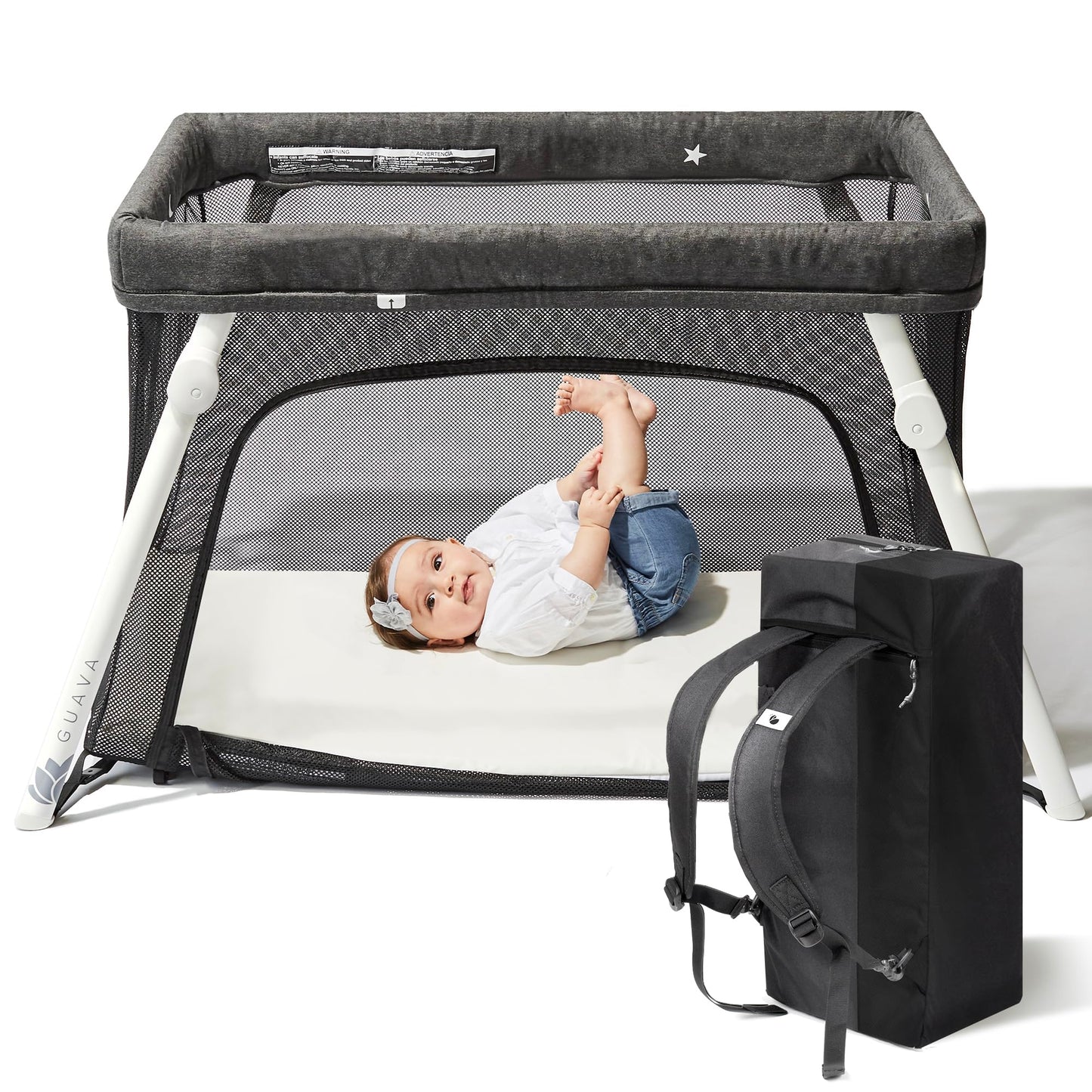 Guava Family Travel Crib includes Lightweight Backpack Design | Certified Baby Safe Portable Crib | Folding Play Yard, Comfy Mattress for Babies, Toddlers | Compact Baby Travel Bed