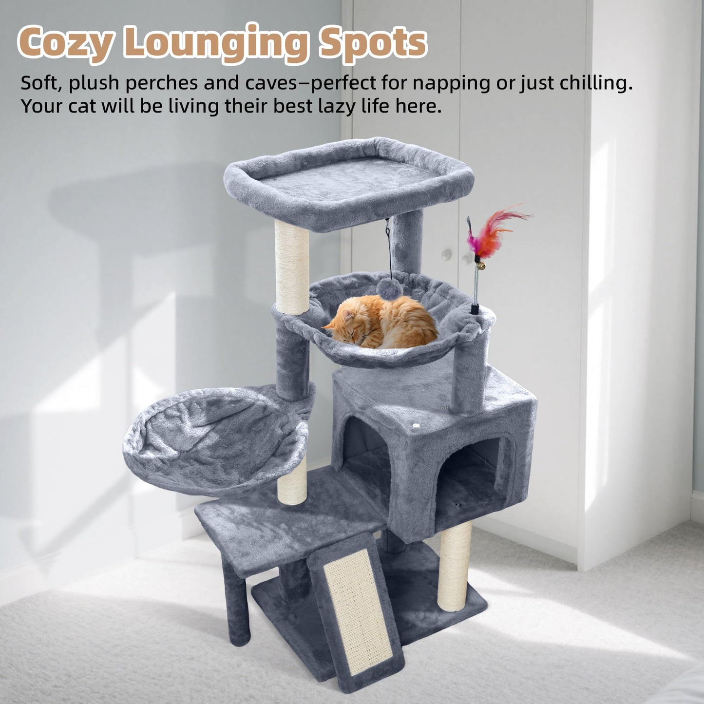 Tuaoeef Cat Tree with Cat Condo and Two Hammocks, Cat Tree with Scratching Posts and Scratching Pads, Cat Tower for Indoor Cats, Activity Centre Climbing Tree with Playful Toy Balls, Grey