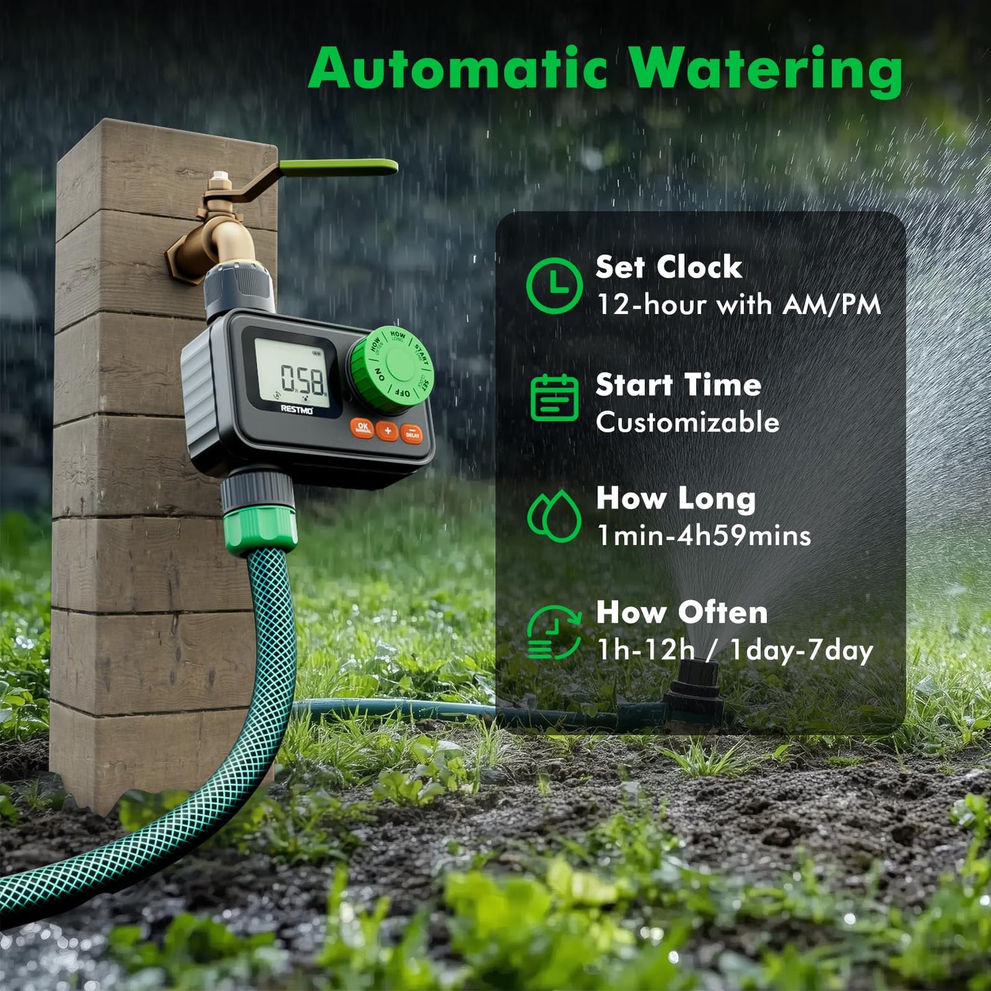 RESTMO Sprinkler Timer, Programmable Water Timer for Garden Hose, Automatic Control | Manual ON/Off | Rain Delay for Outdoor Faucet, Drip Irrigation and Lawn Watering System