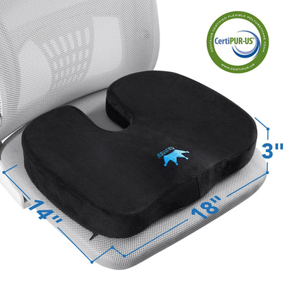 Seat Cushion for Office Chair & Car - Memory Foam Coccyx Support Pillow with Non-Slip Cover, Sciatica & Lower Back Pain Relief,Ergonomic Seat Pad for Long Drives (Medium Firm-Black)