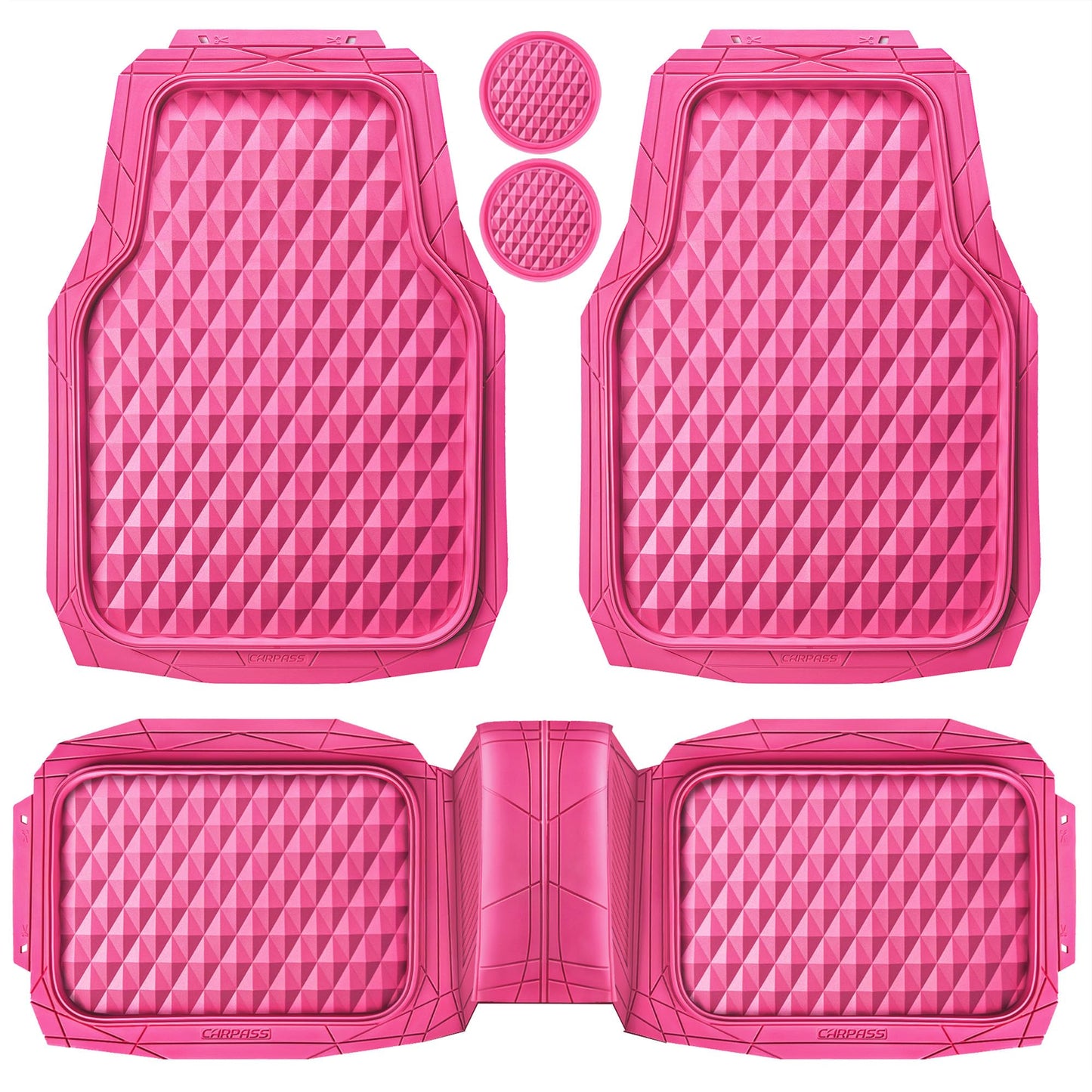 CAR PASS Heavy Duty Rubber Pink Car Floor Mats, Deep Dish All-Weather Full Set Durable Anti-Slip 3D Rhombus Waterproof Trim to Fit Liner Universal Fit Automotive,Sedan,SUV,Truck, 3 Pcs Hot Pink