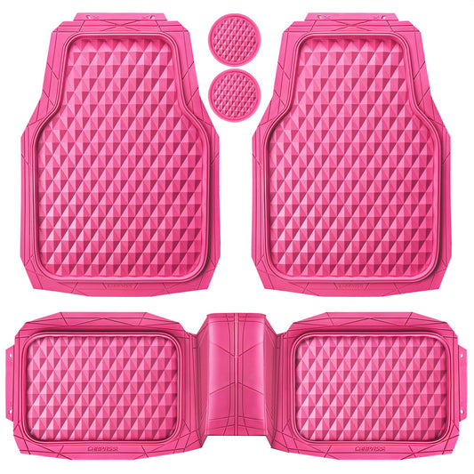 CAR PASS Heavy Duty Rubber Pink Car Floor Mats, Deep Dish All-Weather Full Set Durable Anti-Slip 3D Rhombus Waterproof Trim to Fit Liner Universal Fit Automotive,Sedan,SUV,Truck, 3 Pcs Hot Pink