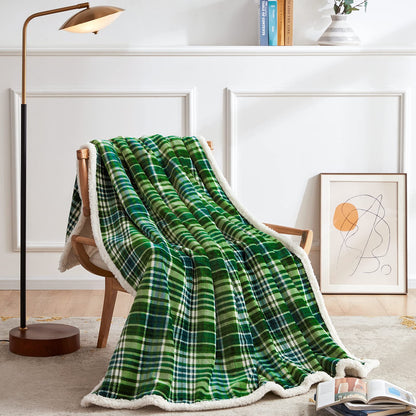 Touchat Sherpa Plaid Throw Blanket(60" X 70", Plaid Green), Fuzzy Fluffy Cozy Soft Blanket, Fleece Flannel Plush Twin Size Microfiber Blanket for Couch Bed Sofa