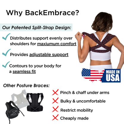 BackEmbrace Posture Corrector for Women and Men - Made in USA - Slim and Adjustable Shoulder Brace - Back Brace for Back Pain Relief - Pink Pebble M/L