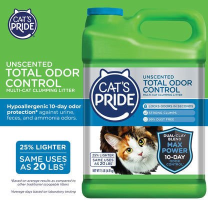 Cat's Pride Max Power: Total Odor Control - Up to 10 Days of Powerful Odor Control - Strong Clumping - Hypoallergenic - 99% Dust Free - Multi-Cat Litter, Unscented, 15 Pounds