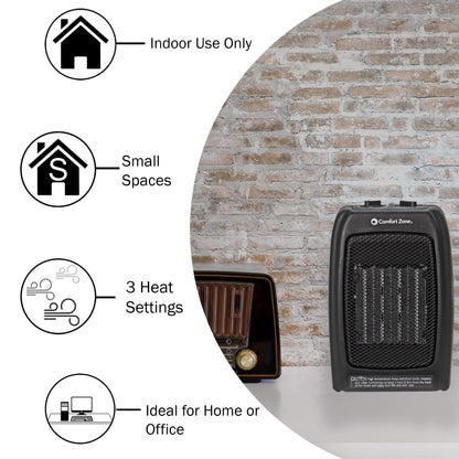 Comfort Zone CZ442E Personal Energy Save Ceramic Heater - 1500W Portable with Adjustable Thermostat, Tip-Over Switch & Overheat Protection, Black